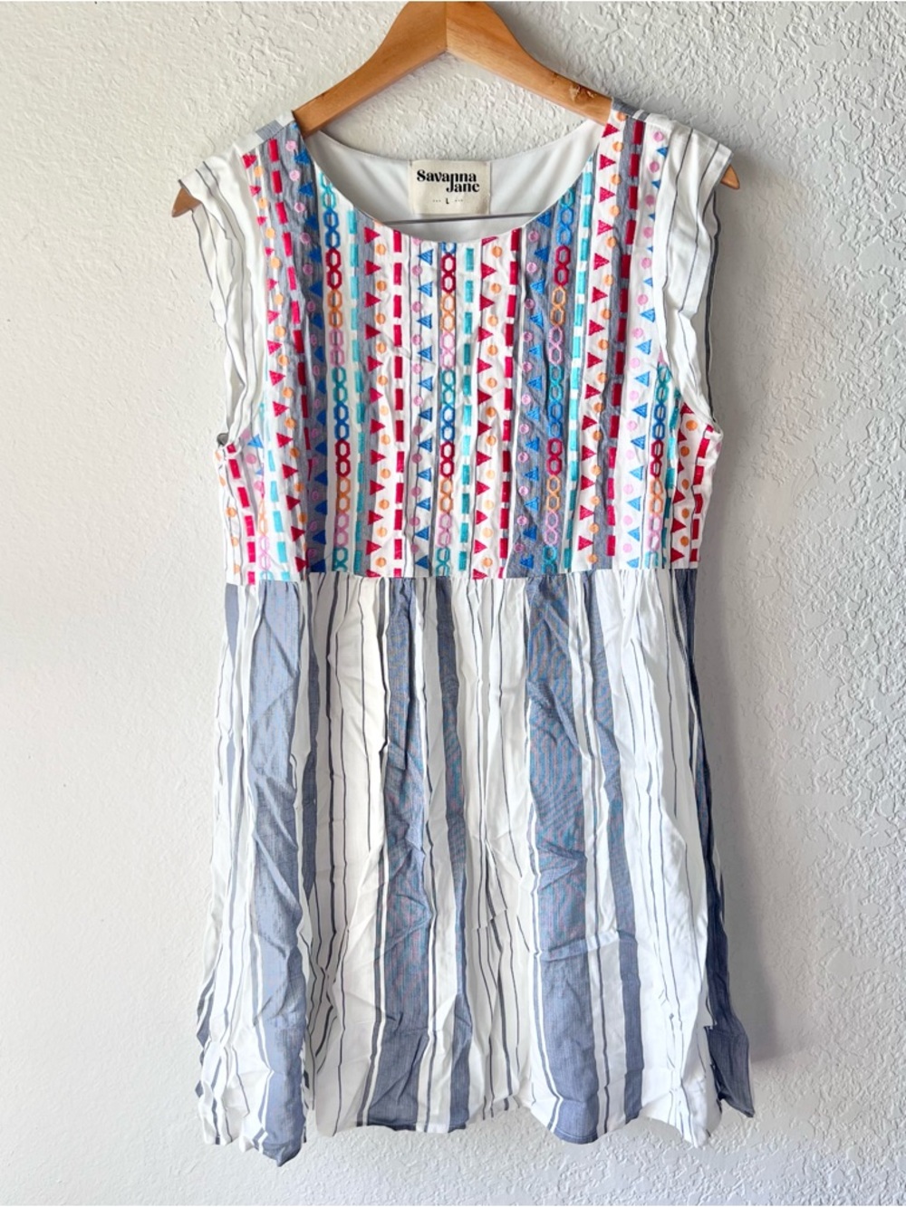 Savanna Jane Geometric Embroidered Atriped Dress Sz L